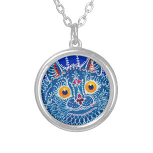 Blue Gothic Cat Silver Plated Necklace