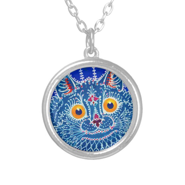 Blue Gothic Cat Silver Plated Necklace (Front)