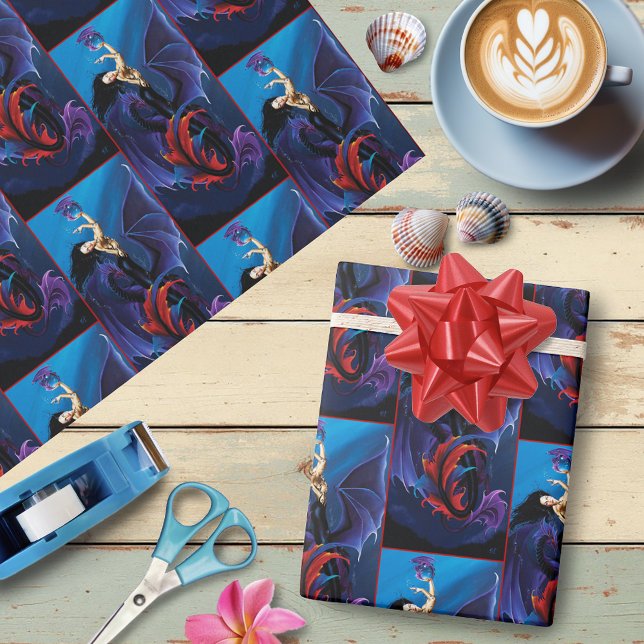 Blue Gothic Dragons Mermaid Fantasy Purple  Wrapping Paper (Creator Uploaded)
