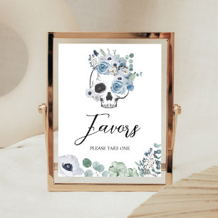 Blue Gothic Floral Skull Baby Shower Favors Sign