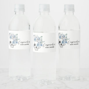 Blue Gothic Floral Skull Baby Shower Water Bottle Label