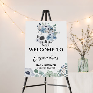 Blue Gothic Floral Skull Baby Shower Welcome Sign