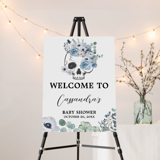 Blue Gothic Floral Skull Baby Shower Welcome Sign (In Situ (Stand))
