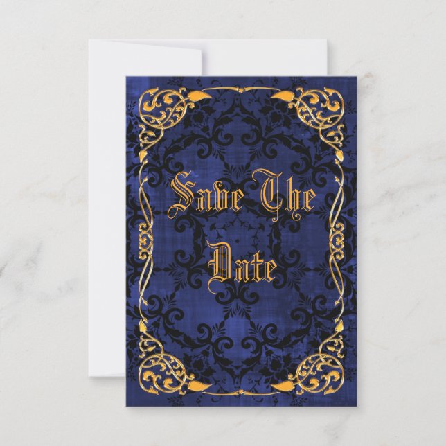 Blue Gothic & Gold Framed 30th Save The Date (Front)