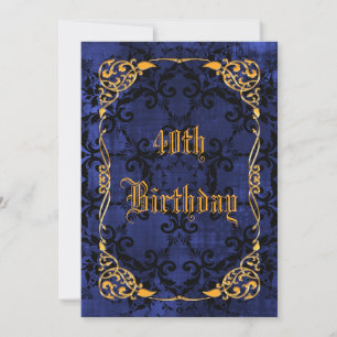 Blue Gothic & Gold Framed 40th Birthday Invitation