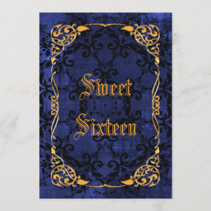 Blue Gothic & Gold Framed Sweet 16 Invitation