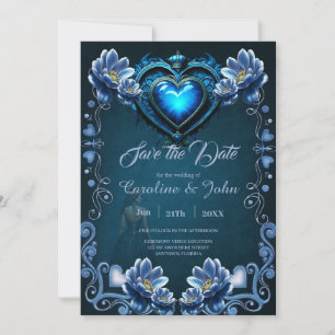 Blue gothic heart surrounded by magical flowers save the date