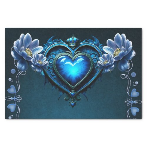 Blue gothic heart surrounded by magical flowers tissue paper