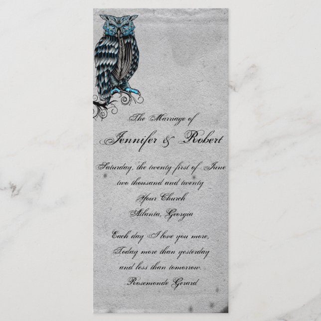 Blue Gothic Owl Posh Wedding Program (Front)
