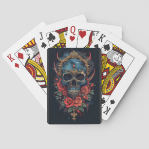 Blue Gothic Skull with Roses and Gold Crown Poker Cards