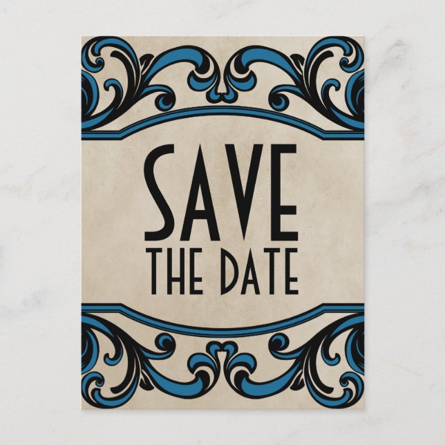 Blue Gothic Swirls Save the Date Postcard (Front)