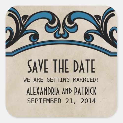 Blue Gothic Swirls Save the Date Stickers