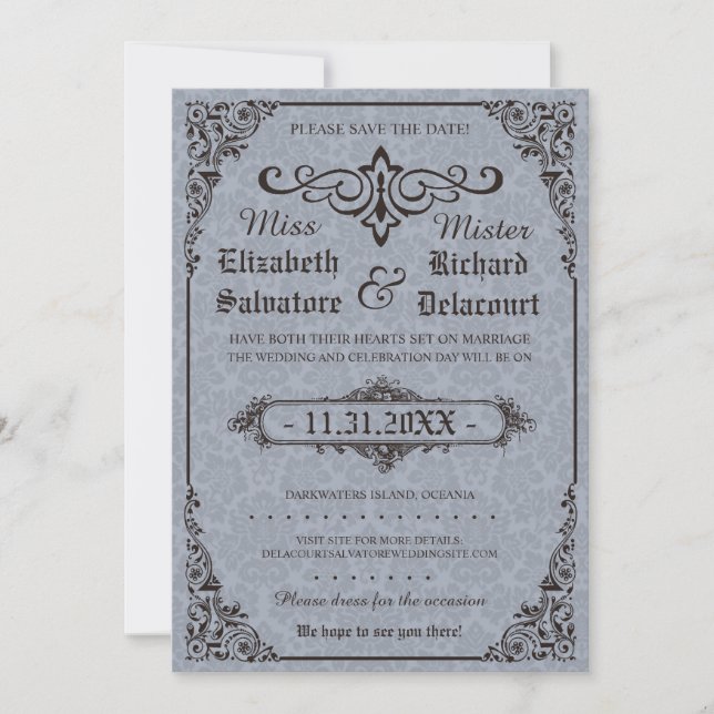 Blue Gothic Victorian Damask Save the Dates Save The Date (Front)