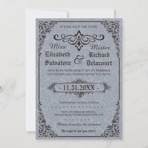 Blue Gothic Victorian Damask Save the Dates Save The Date