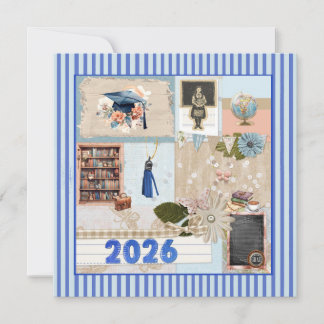 Blue Grad 2026, Girl, Cap, Tassel, Bookcase, Globe Holiday Card