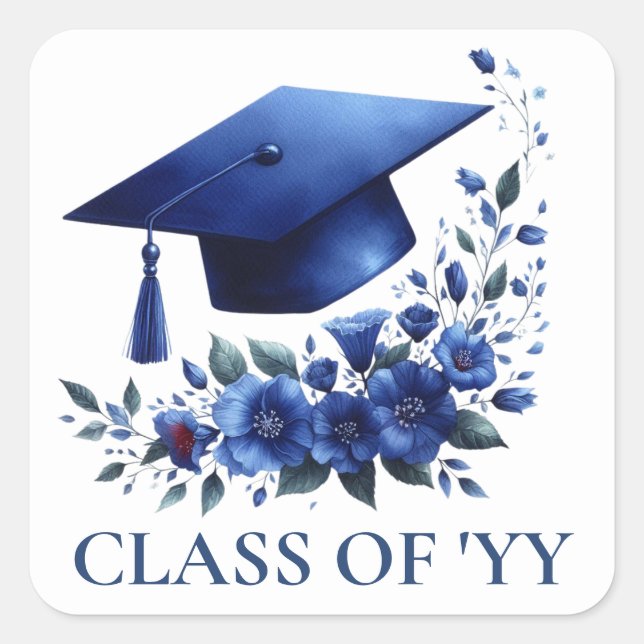 Blue Grad Cap and Flowers Graduate Envelope Square Sticker (Front)