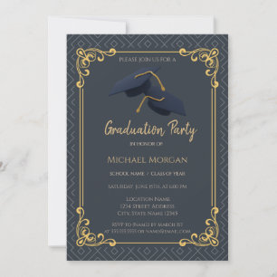 Blue Grad Cap Frame Geometric Blue Graduation Invitation