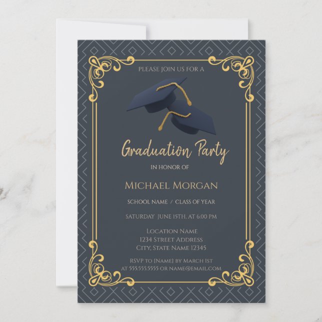 Blue Grad Cap Frame Geometric Blue Graduation Invitation (Front)
