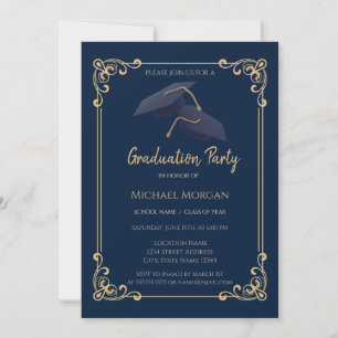 Blue Grad Cap Frame Navy Blue Graduation Invitation