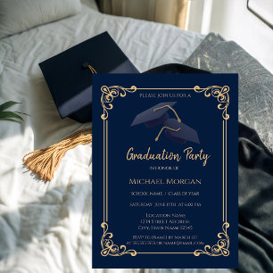 Blue Grad Cap Frame Navy Blue Graduation Invitation