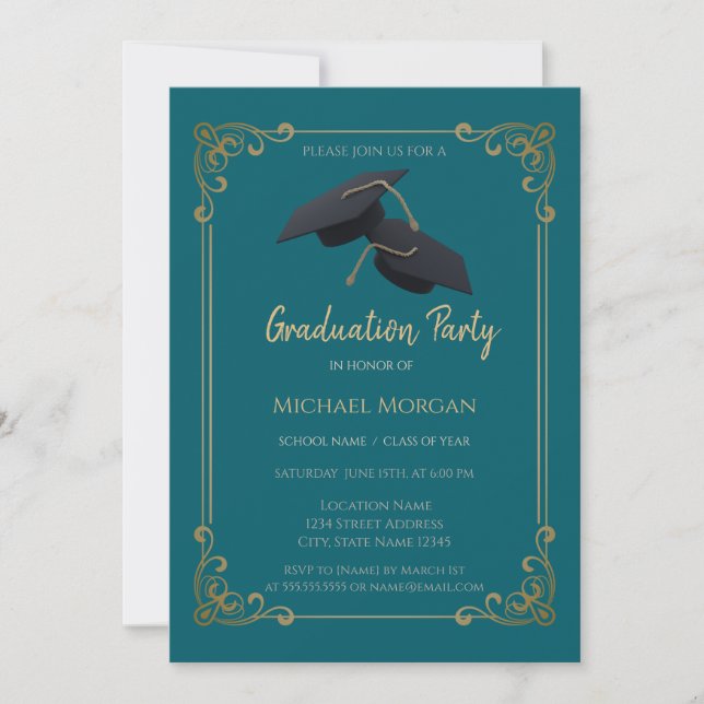 Blue Grad Cap Frame Teal Graduation Invitation (Front)