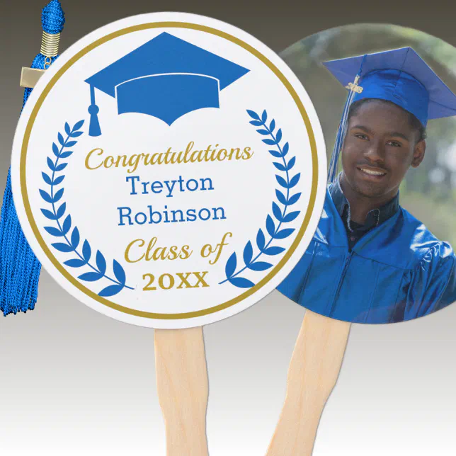 Blue Grad Cap Graduation Photo Hand Fan | Zazzle