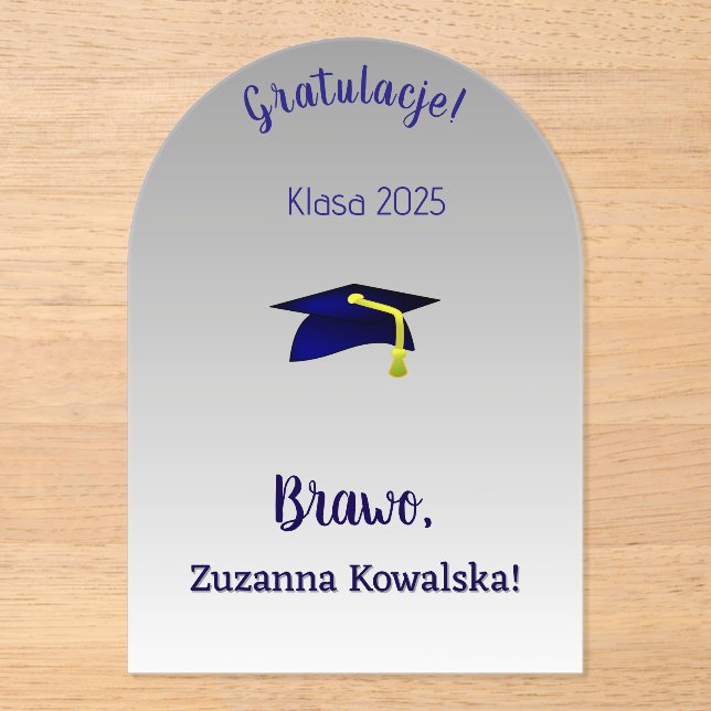 blue grad cap  in silver - Congrats in Polis Acrylic Invitations (Front)