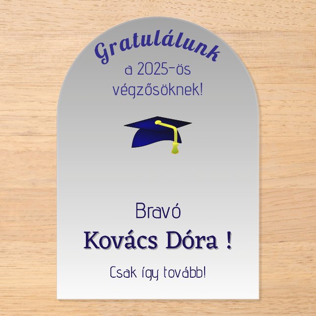 blue grad cap  in silver - Hungarian Congrats  Acrylic Invitations (Front)