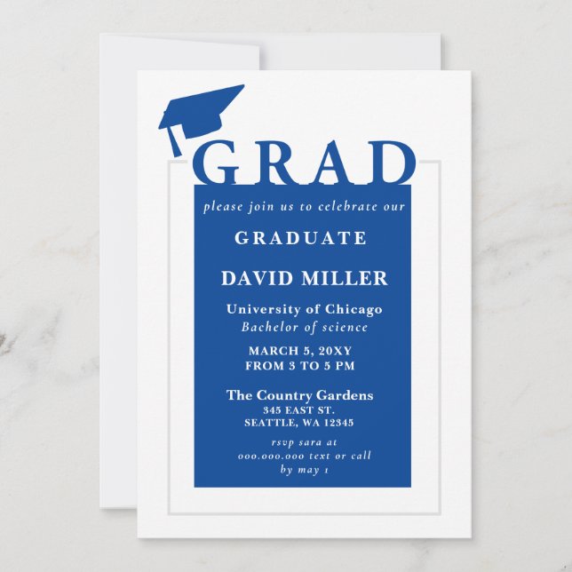 Blue Grad Modern Minimalist Photo Graduation  Invitation (Front)