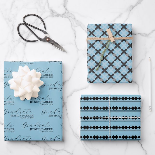 Blue Grad Typography Script Modern Wrapping Paper Sheets (Front)