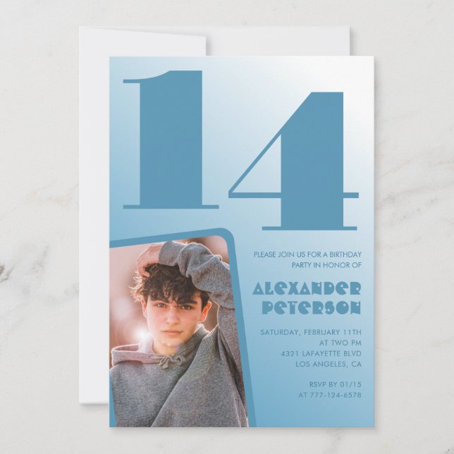 Blue gradient 14th birthday invitations Boy Photo (Front)