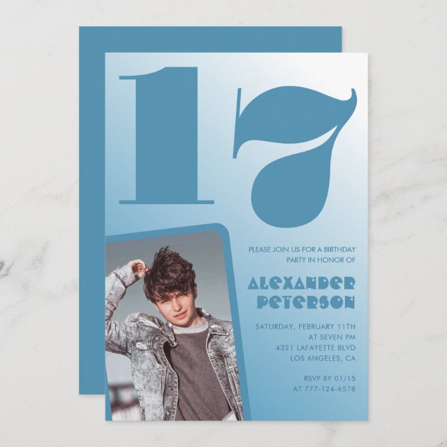Blue gradient 17th birthday invitations Boy Photo (Front/Back)