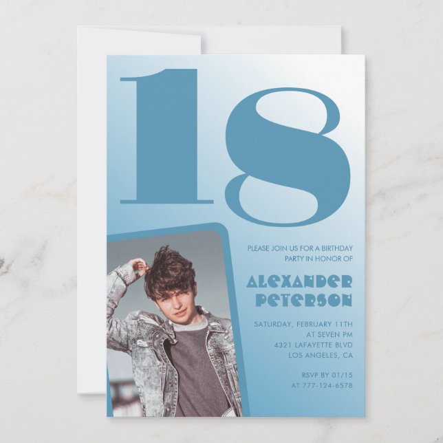 Blue gradient 18th birthday invitations Boy Photo (Front)
