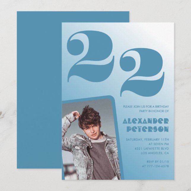 Blue gradient 22nd birthday invitations Him Photo (Front/Back)