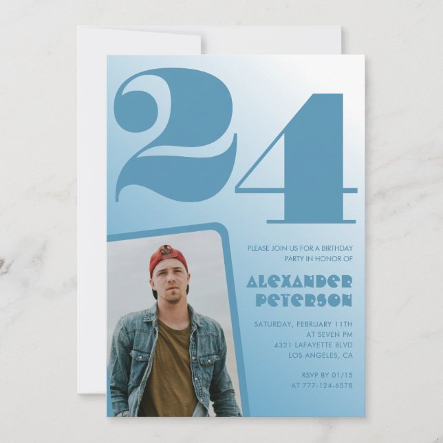 Blue gradient 24th birthday invitations Boy Photo (Front)