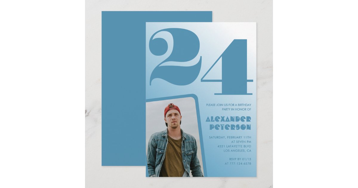 Blue gradient 24th birthday invitations Him Photo | Zazzle