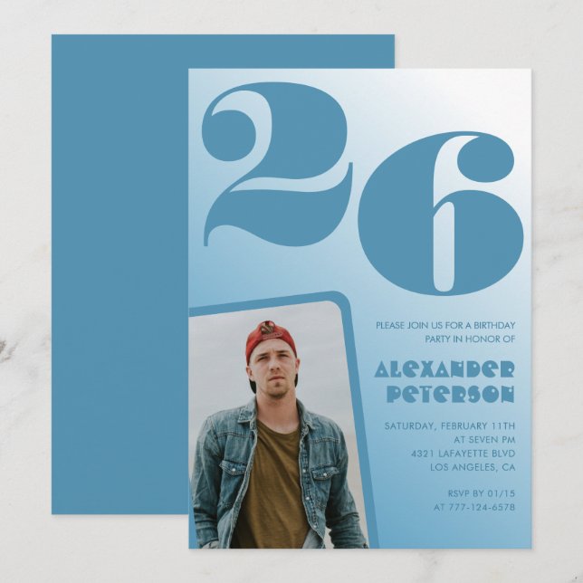 Blue gradient 26th birthday invitations Boy Photo (Front/Back)
