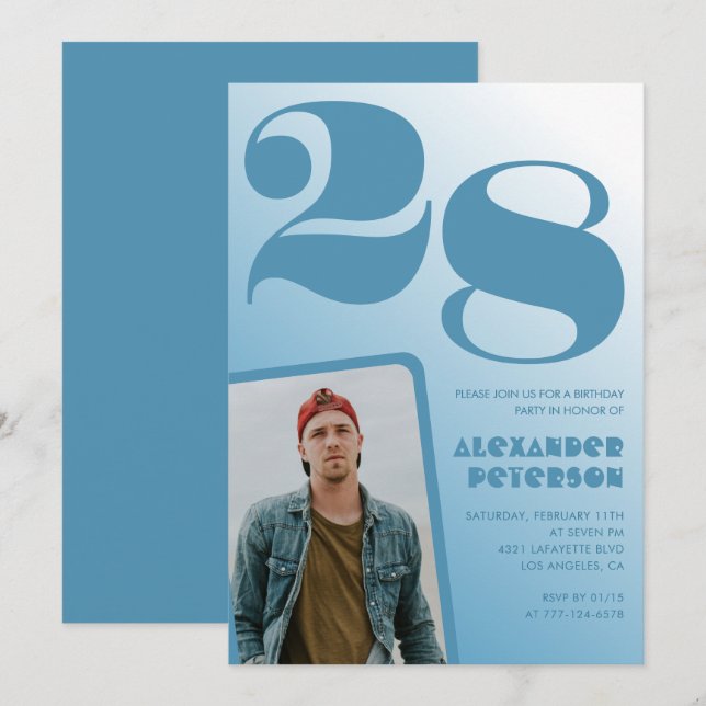 Blue gradient 28th birthday invitations Boy Photo (Front/Back)