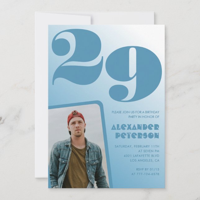 Blue gradient 29th birthday invitations Boy Photo (Front)