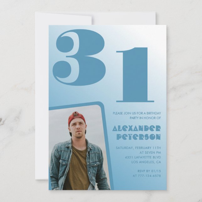 Blue gradient 31st birthday invitations Boy Photo (Front)