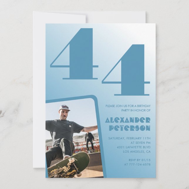 Blue gradient 44th birthday invitations Men Photo (Front)