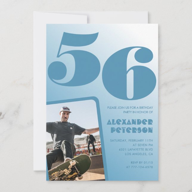 Blue gradient 56th birthday invitations Men Photo (Front)