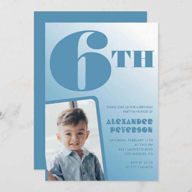 Blue Gradient 6th birthday invitations Photo (Front/Back)