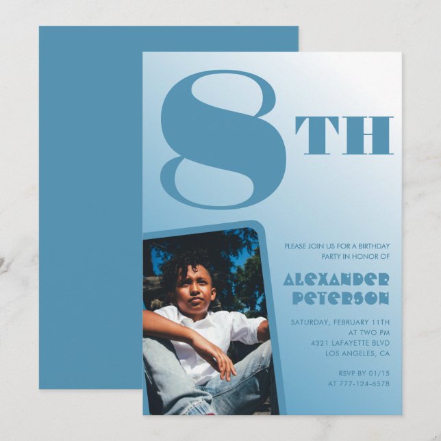 Blue Gradient 8th birthday invitations Photo (Front/Back)