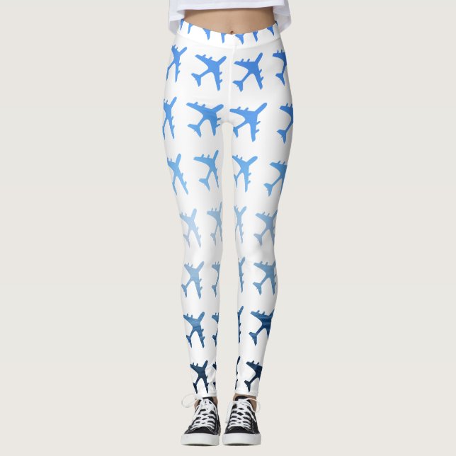 Blue Gradient Airplane Pattern Leggings (Front)