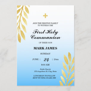 Blue Gradient & Gold Leaves First Holy Communion Invitation