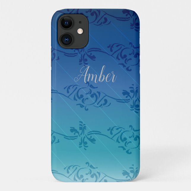 Blue Gradient Leaf Pattern Personalized Case-Mate iPhone Case (Back)