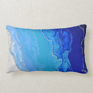 Blue Gradient Ombre Color Silver Metallic Lines Lumbar Pillow