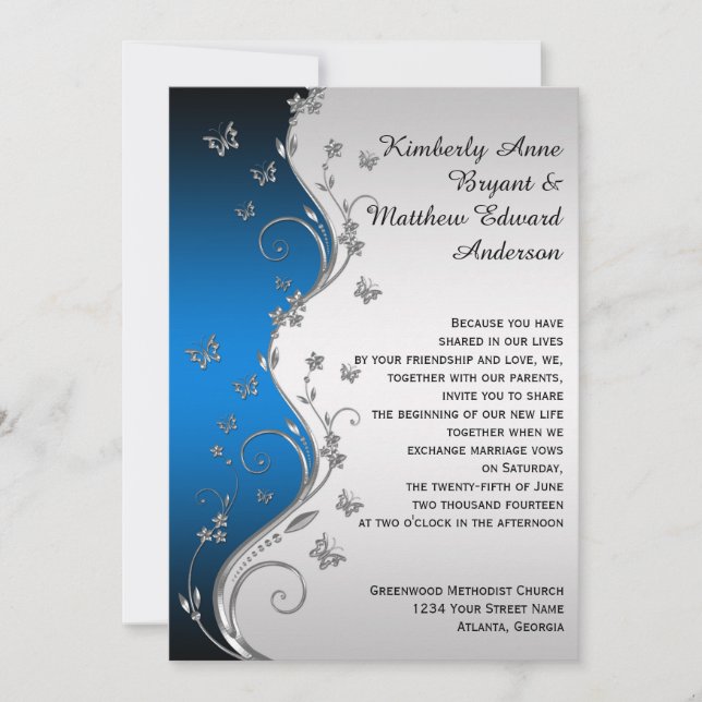 Blue Gradient Silver Ornate Butterflies Wedding Invitation (Front)