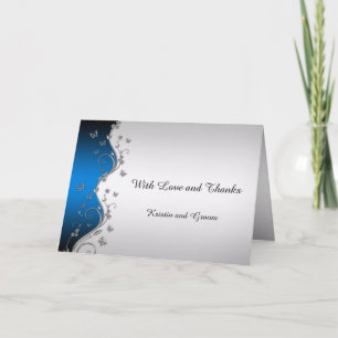 Blue Gradient Silver Ornate Butterflies Wedding Letterpress Thank You Card